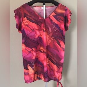 Fashion Bug, Womens top, v-neck short sleeve, size XL, floral w/sequins